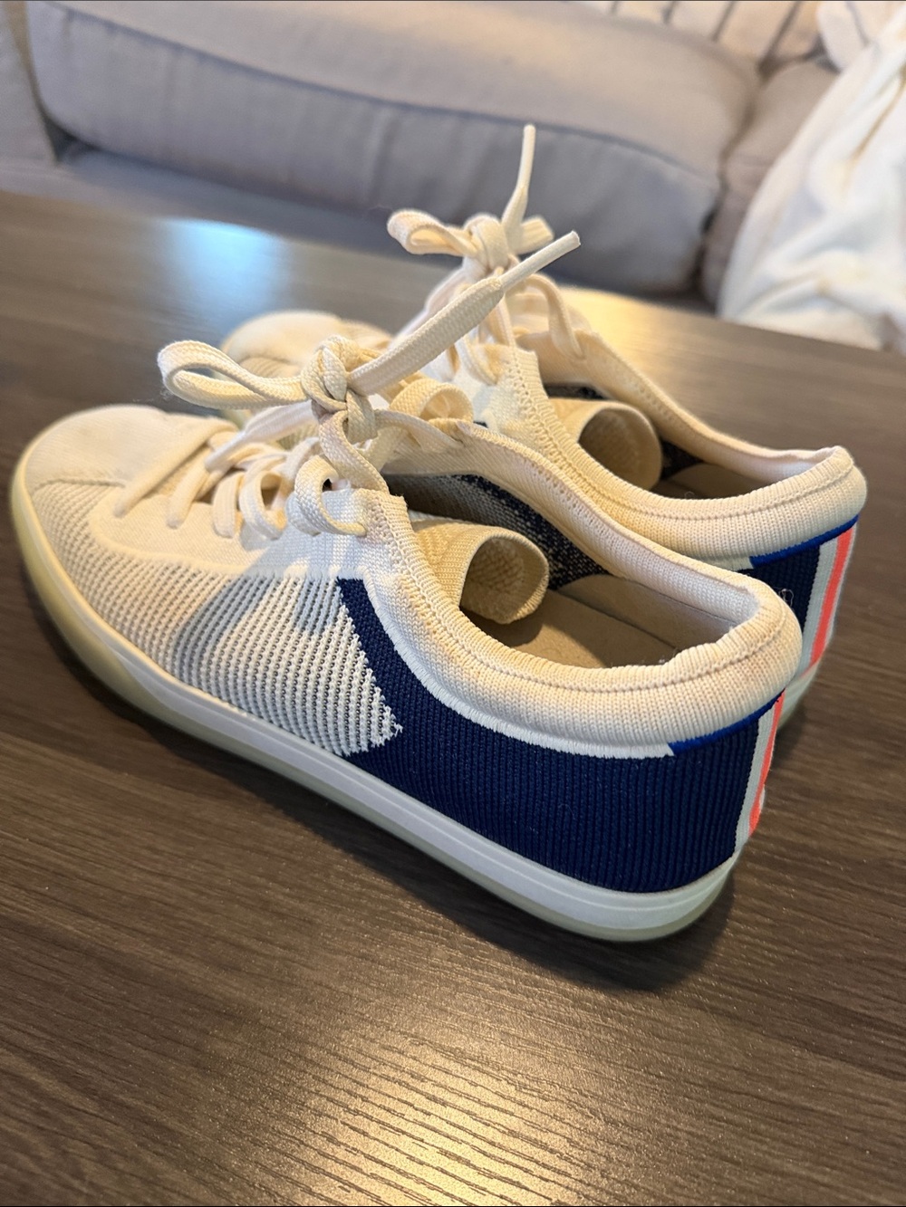 Kate Spade Cream and Navy Knit Low-Top Sneakers with Orange Accent